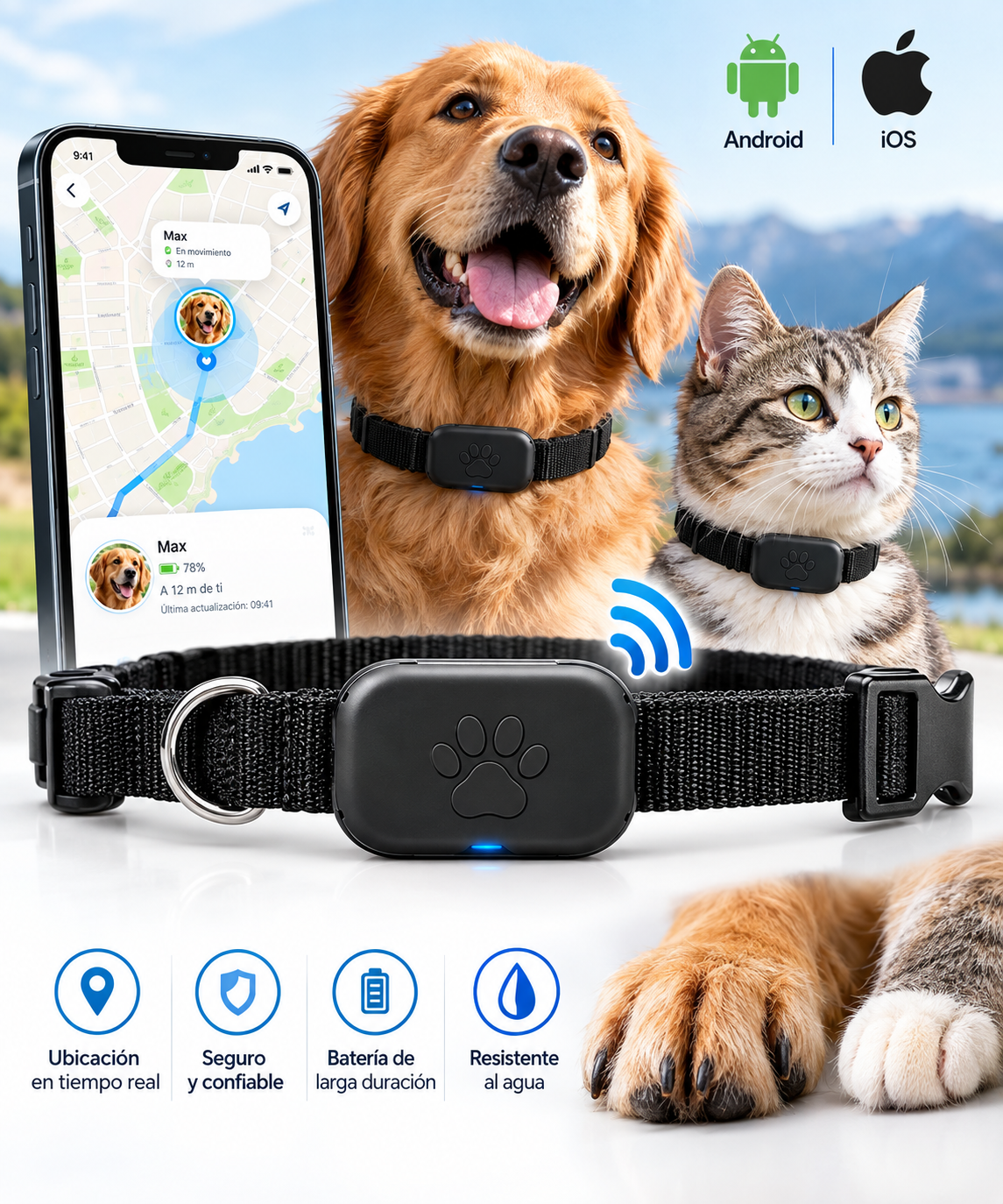 Perro y gato con collar localizador Bluetooth y app en el celular, compatible con Android e iOS
