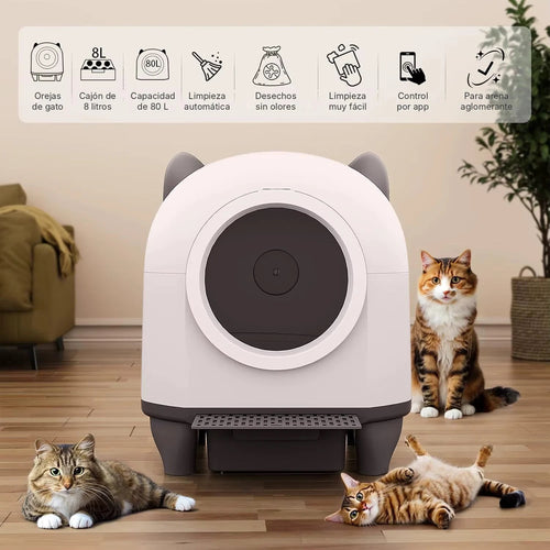 Arenero autolimpiable con orejas de gato: cajón de 8 L, 80 L de capacidad, control por app y arena aglomerante