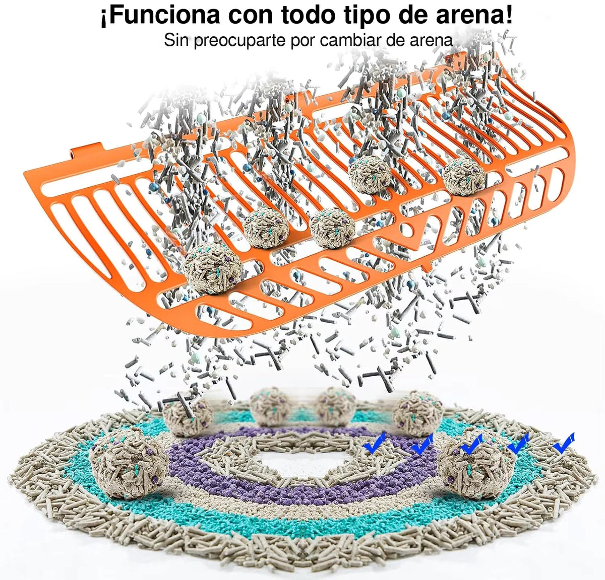 Rejilla del arenero autolimpiable compatible con distintos tipos de arena para gatos