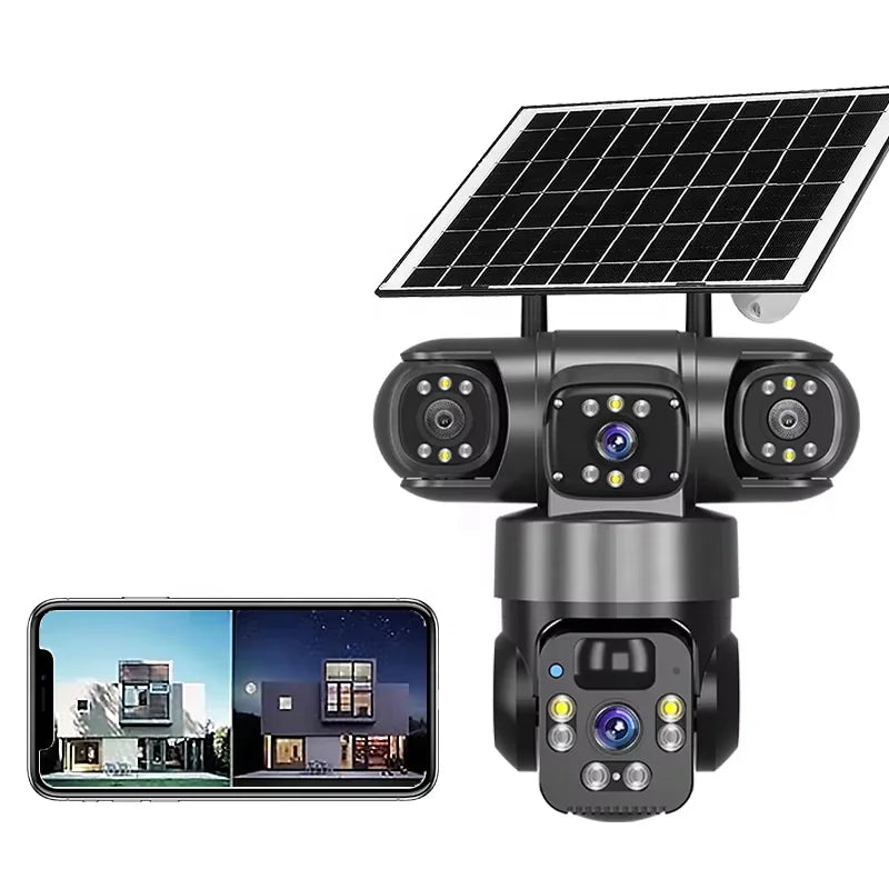 Cámara de seguridad solar WiFi de 3 lentes V380 Pro con vista en el celular