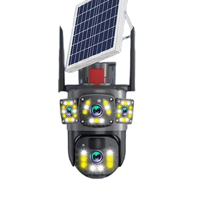 Cámara solar de 3 lentes con luces encendidas