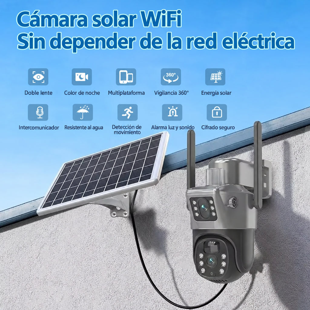 Funciones de la cámara solar: doble lente, visión nocturna a color y resistencia al agua