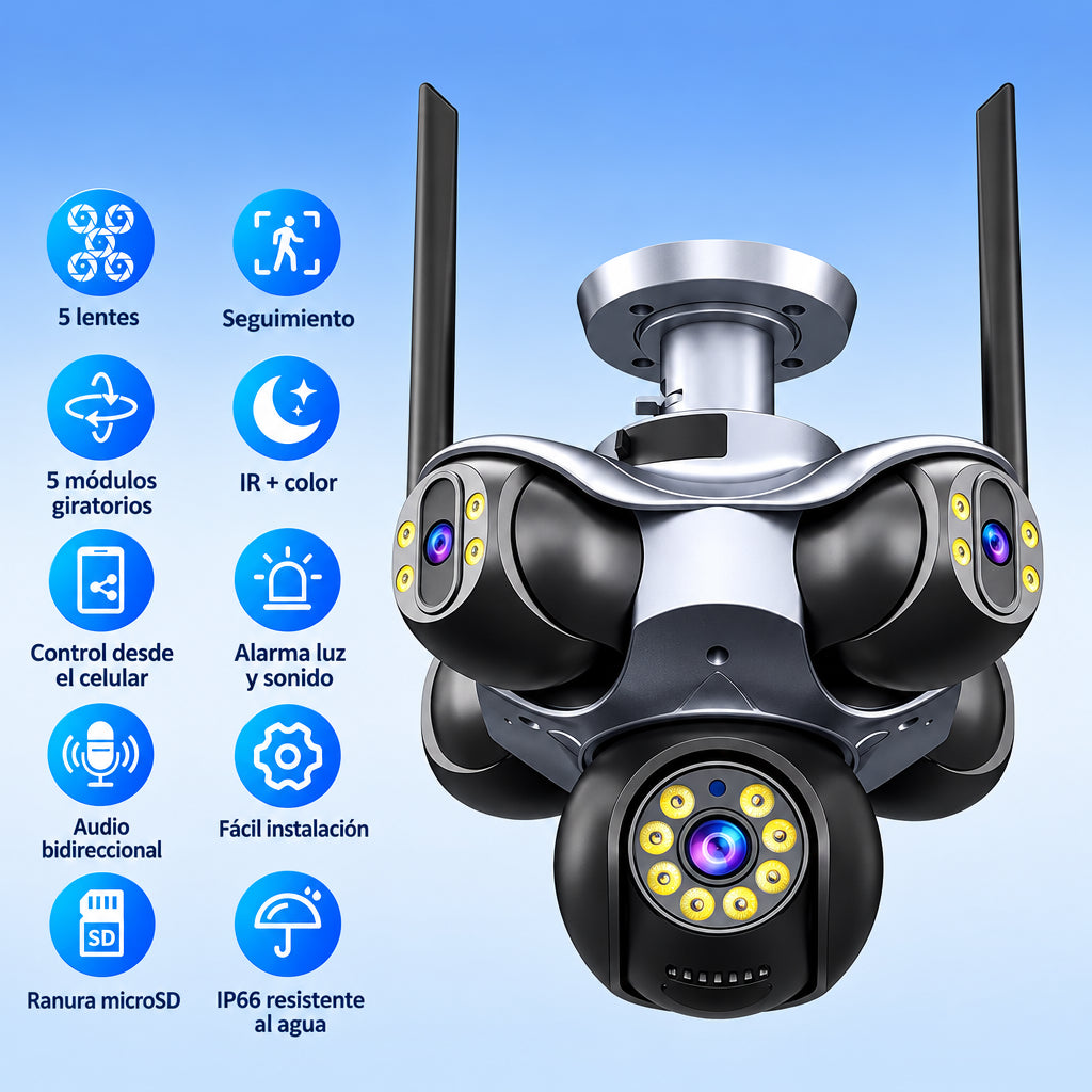 Funciones: 5 lentes, seguimiento automático, visión nocturna, audio bidireccional e IP66