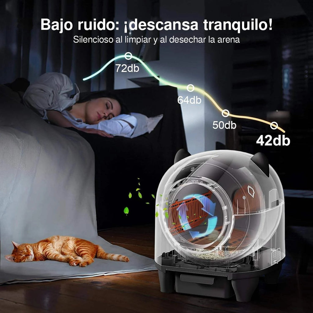 Arenero autolimpiable para gatos de bajo ruido junto a la cama