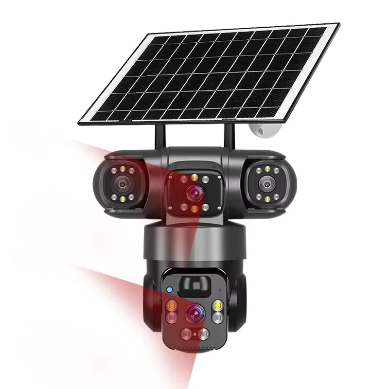 Cámara solar de 3 lentes con luz de disuasión encendida