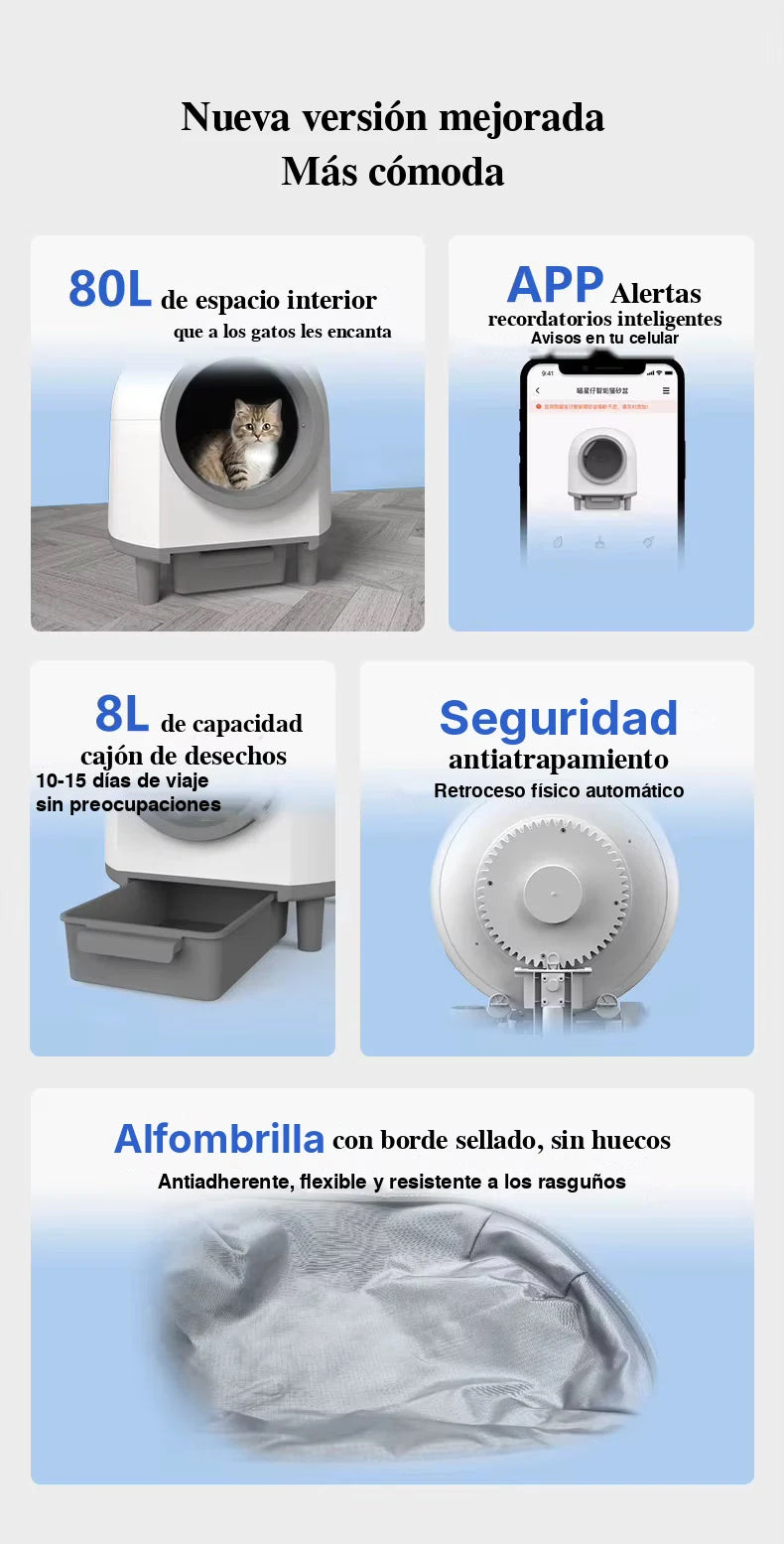 Arenero automático 80 L con alertas en app, cajón de 8 L, seguridad antiatrapamiento y alfombrilla
