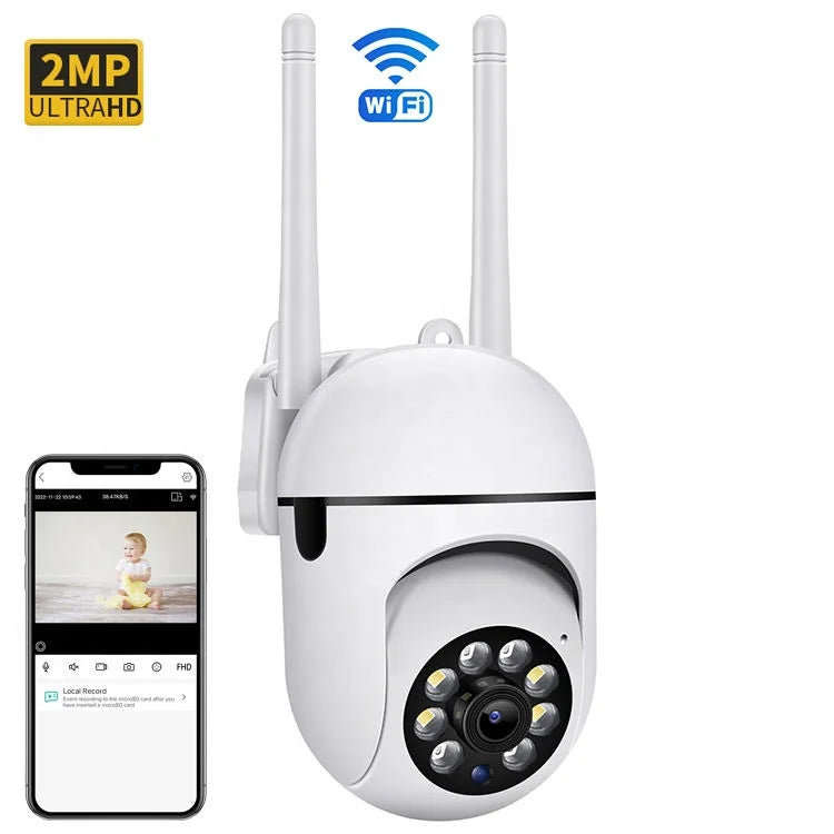 Cámara de seguridad WiFi PTZ 2MP blanca con dos antenas y vista en la app del celular