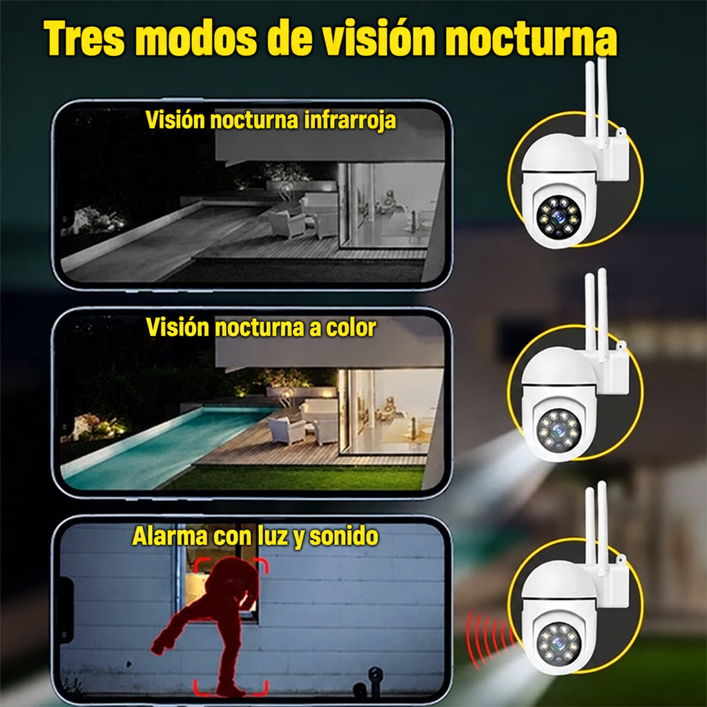 Tres modos de visión nocturna: infrarroja, a color y alarma con luz y sonido