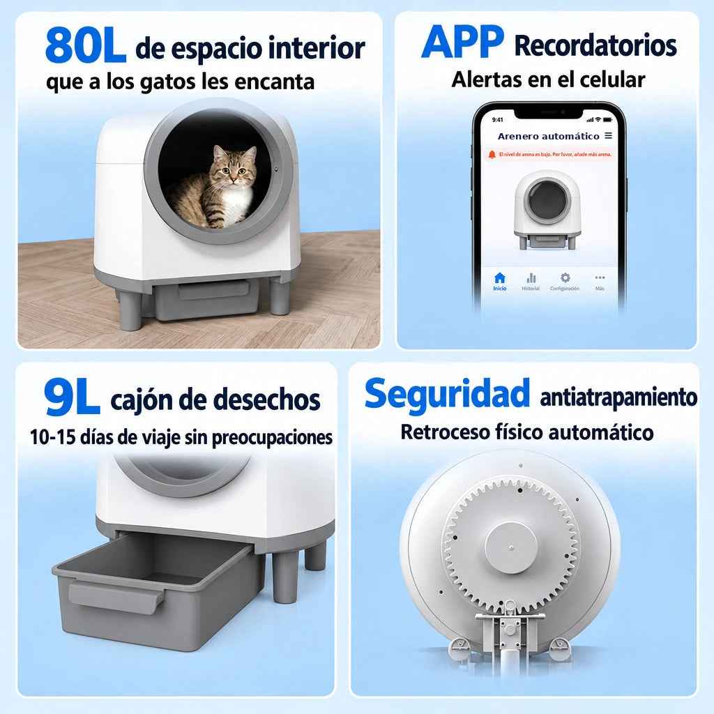 Arenero automático para gatos: 80 L interior, alertas en app, cajón de 9 L y seguridad antiatrapamiento