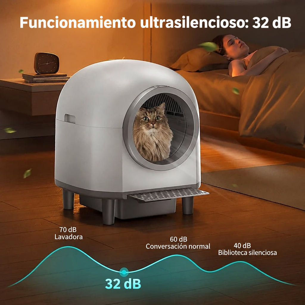 Arenero autolimpiable para gatos 80 L ultrasilencioso de 32 dB en un dormitorio