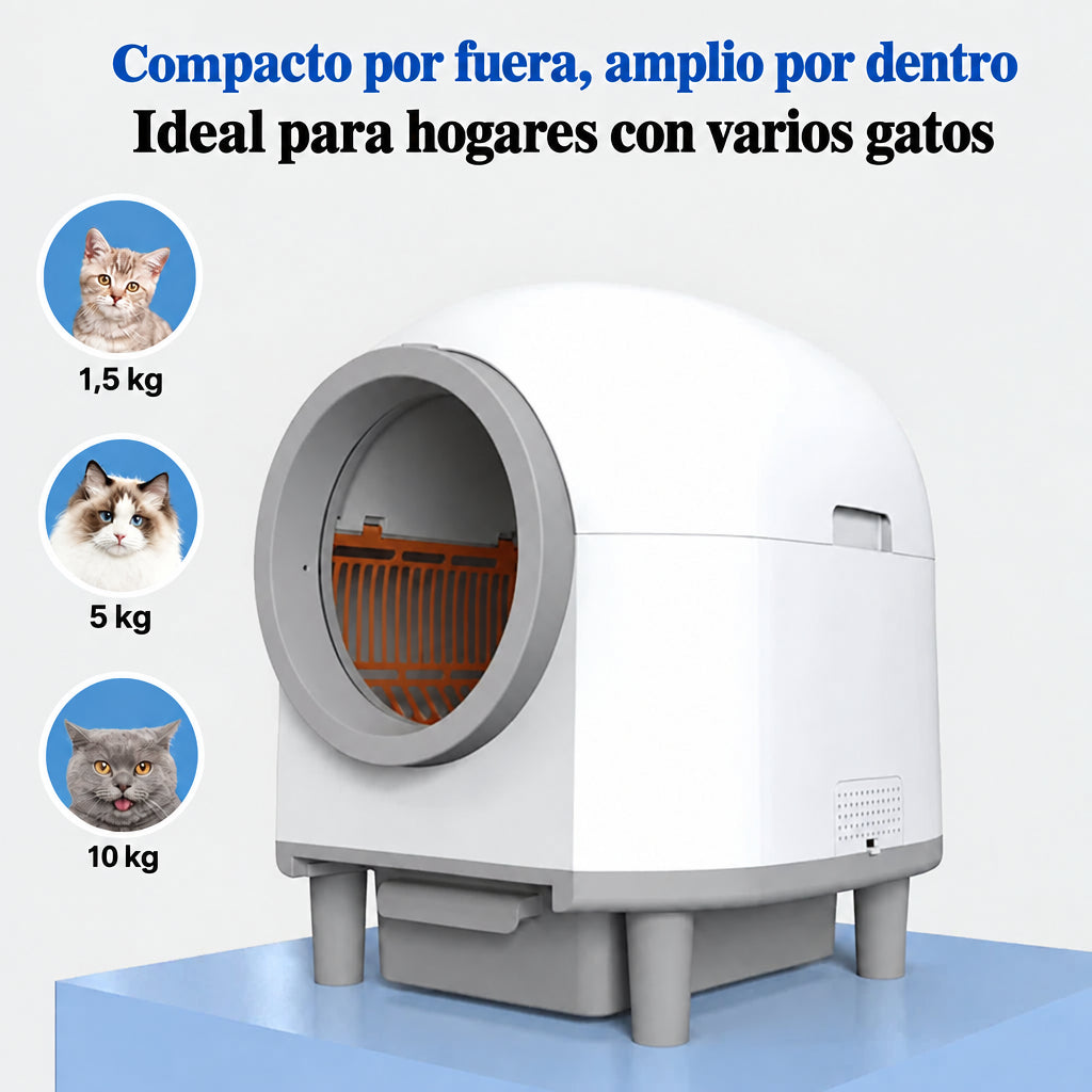 Arenero autolimpiable compacto y amplio, ideal para hogares con varios gatos