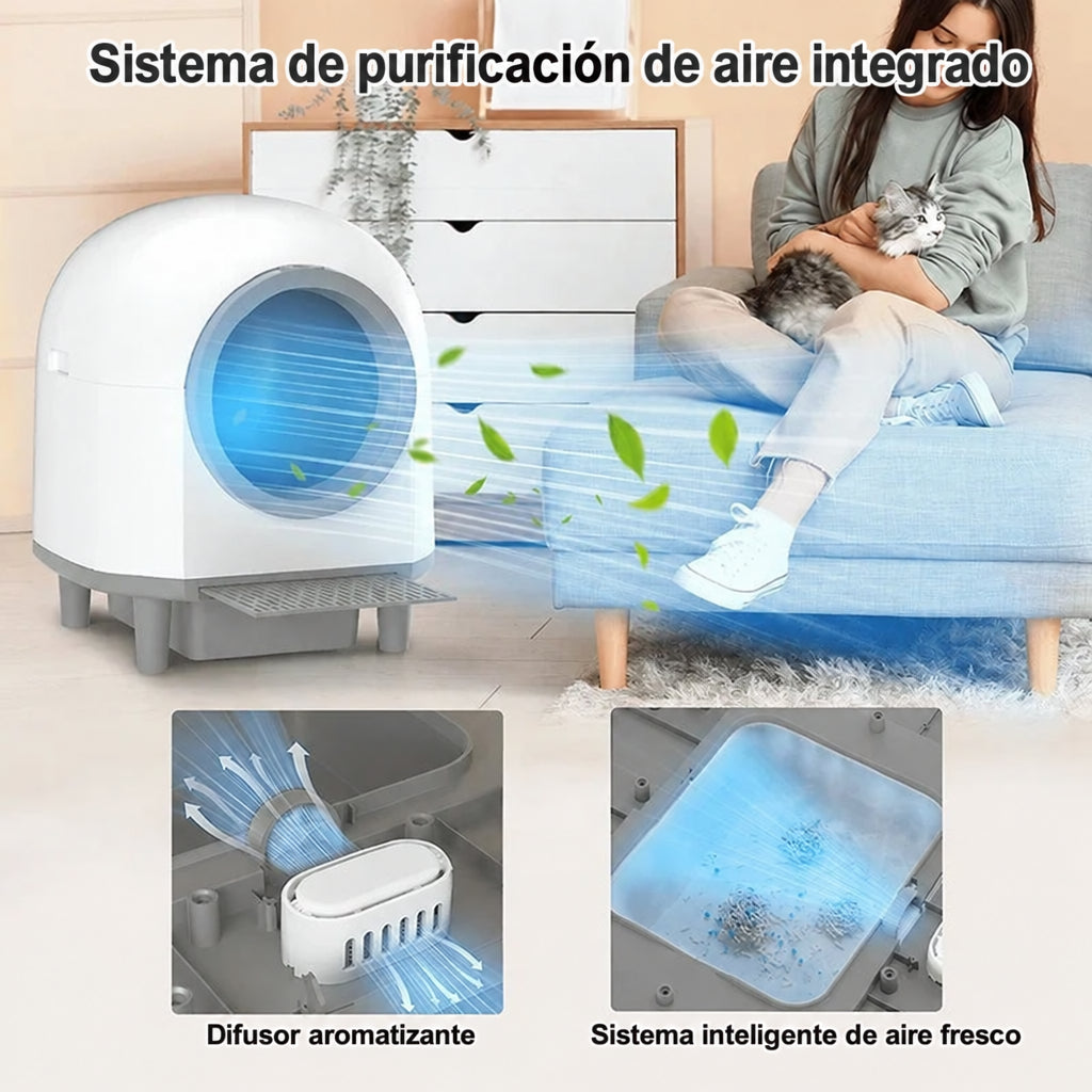 Arenero autolimpiable para gatos con sistema de purificación de aire y difusor aromatizante