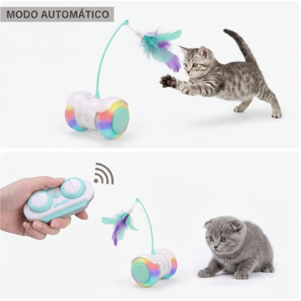 Juguete Automático para Gatos con Control Remoto, LED y Pluma