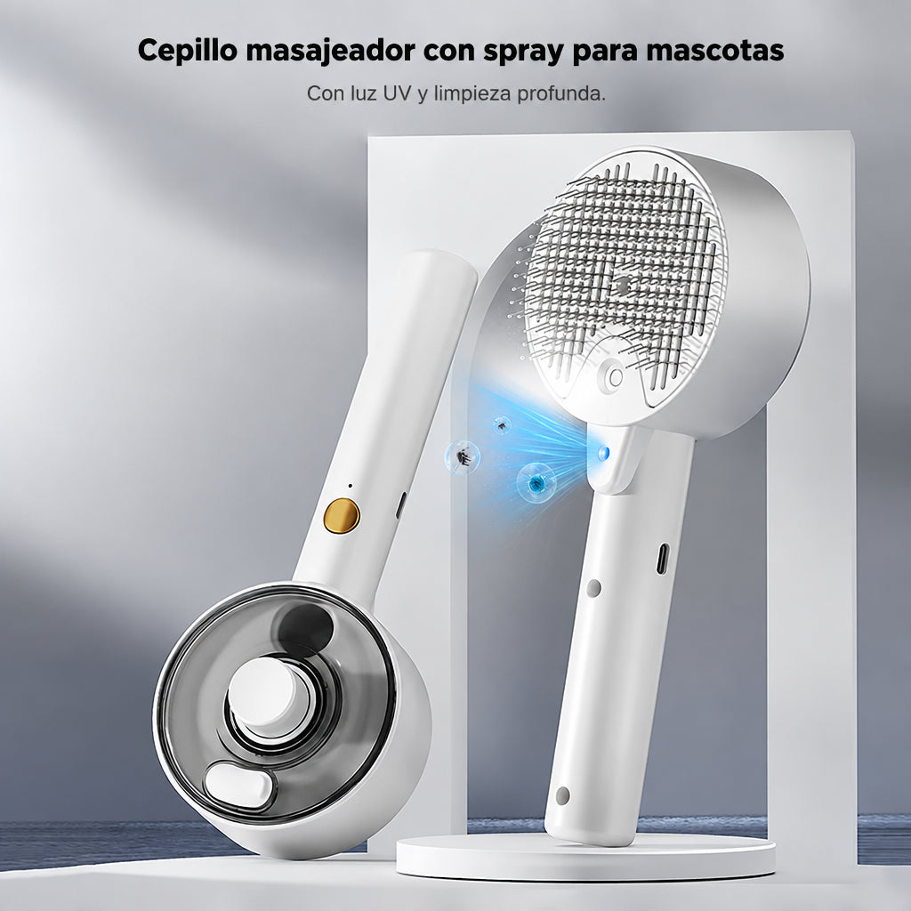 Cepillo masajeador con spray para mascotas con luz UV y limpieza profunda