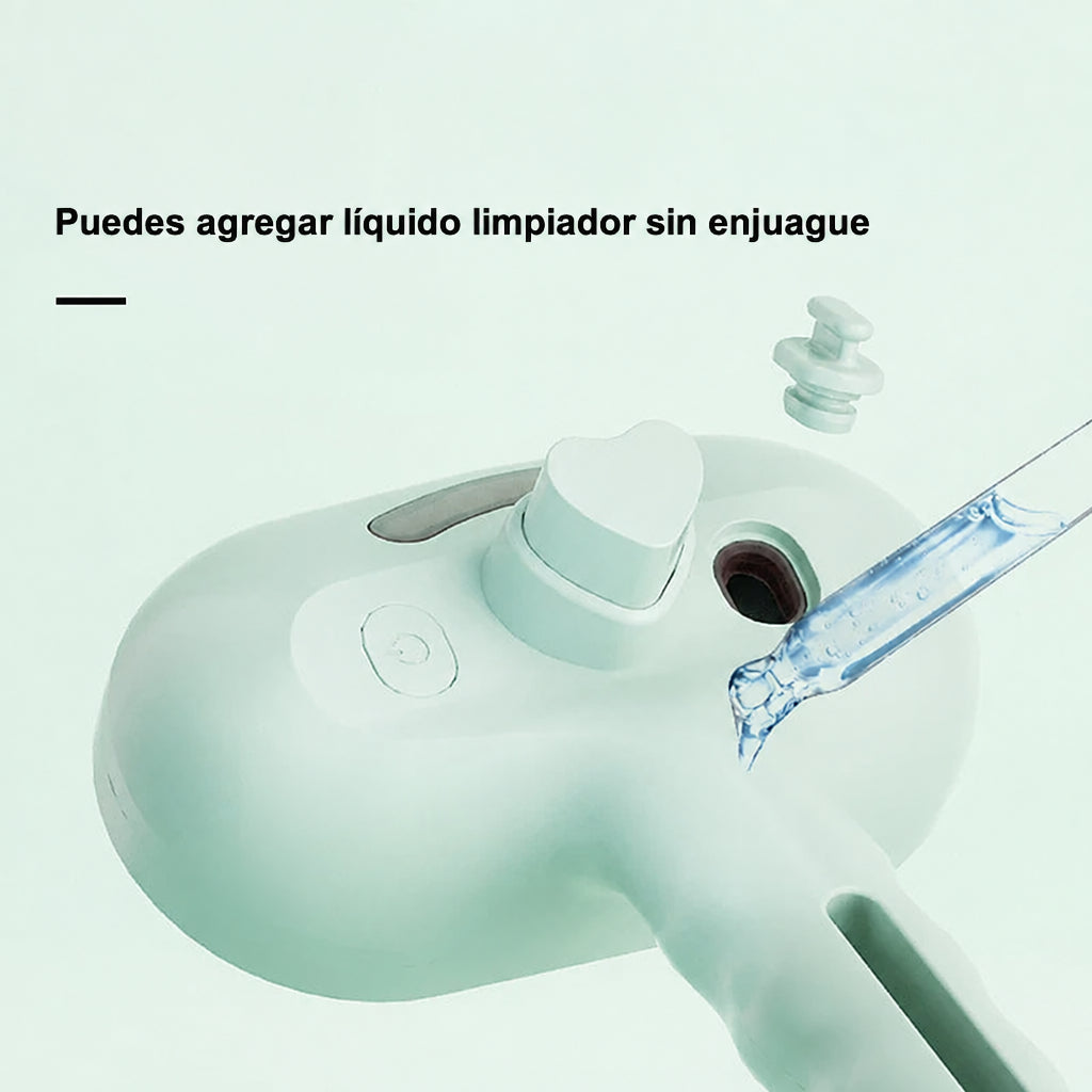 Depósito del cepillo a vapor para gatos donde puedes agregar líquido limpiador sin enjuague