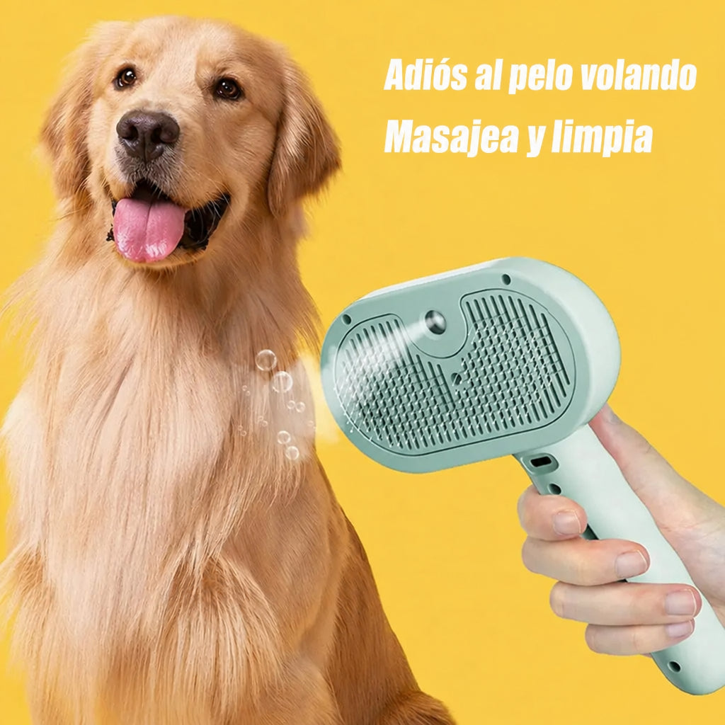Cepillo a vapor para mascotas usado en un perro: masajea, limpia y evita el pelo volando