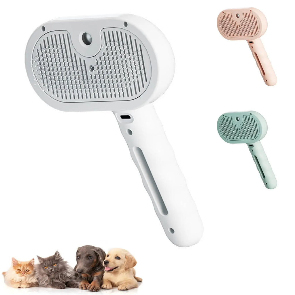Cepillo a vapor 3 en 1 para gatos en blanco, rosado y verde para quitar pelo muerto