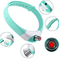 Collar láser interactivo para gatos recargable por USB, color verde agua, con detalle de sus piezas
