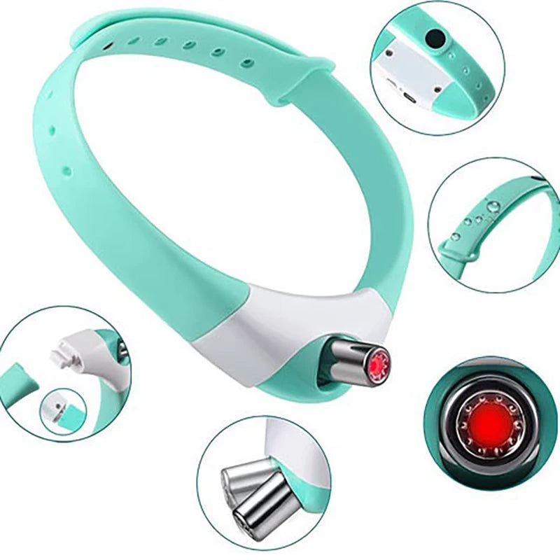 Collar láser interactivo para gatos recargable por USB, color verde agua, con detalle de sus piezas