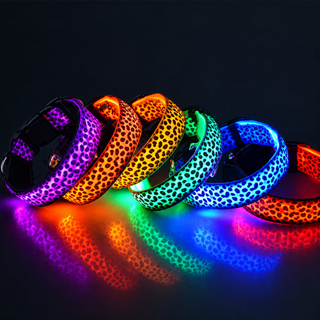Collares LED luminosos para mascotas en colores rojo, naranja, verde, azul y morado