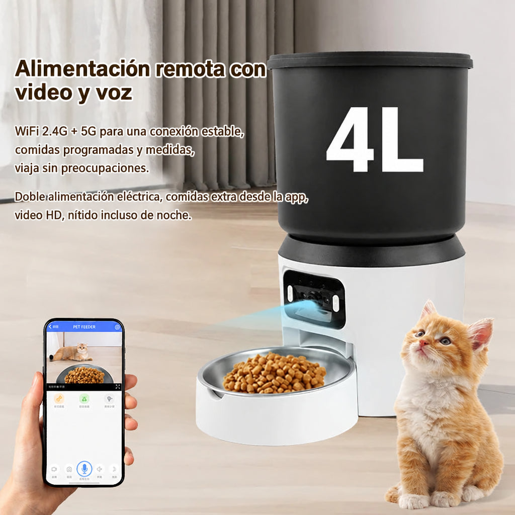 Comedero automático 4 L con video y voz, WiFi 2.4G y 5G y respaldo eléctrico