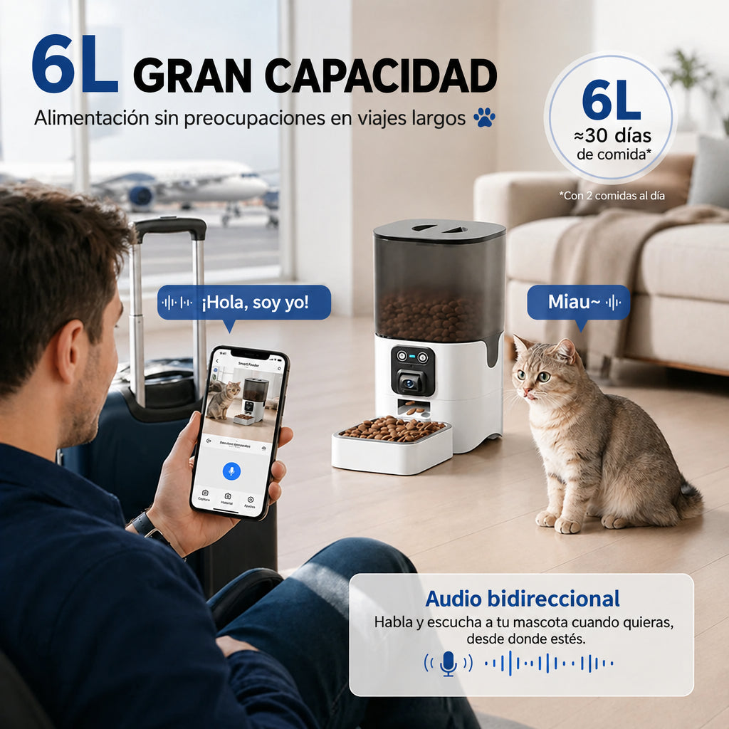 Comedero automático 6 L con audio bidireccional, comida para unos 30 días mientras viajas