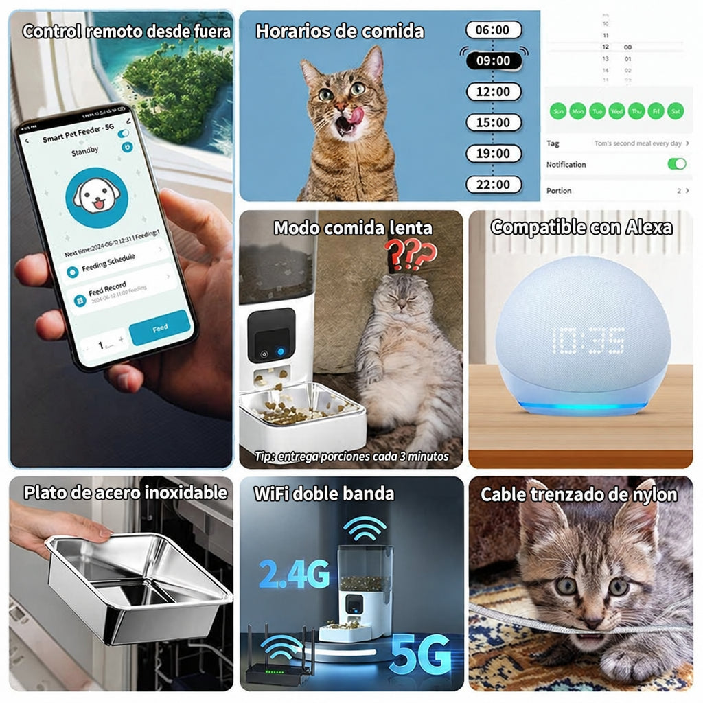 Funciones del comedero automático 6 L: horarios, comida lenta, Alexa, WiFi doble banda y plato de acero