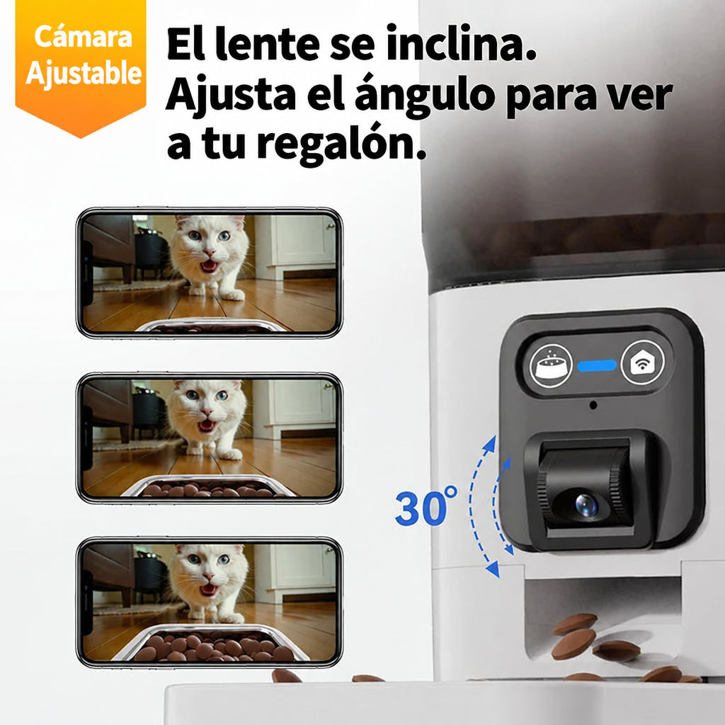 Comedero automático con cámara de lente inclinable 30° para ver a tu mascota