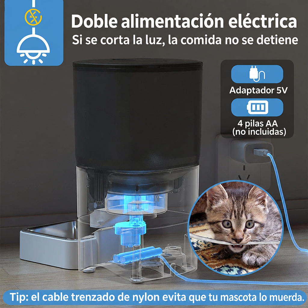 Comedero automático con doble alimentación: adaptador 5V y respaldo a pilas AA si se corta la luz