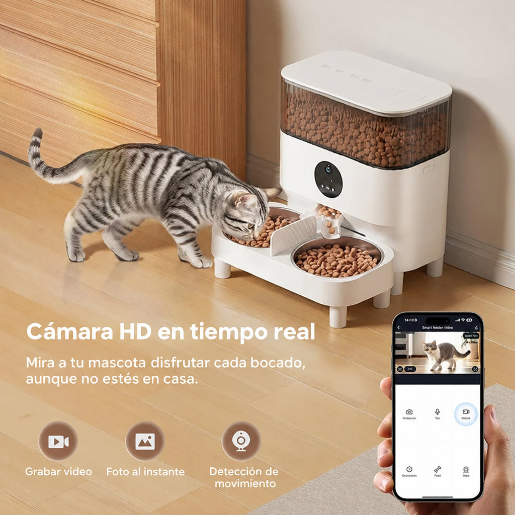 Comedero automático doble elevado para 2 gatos 5 L con cámara HD en tiempo real