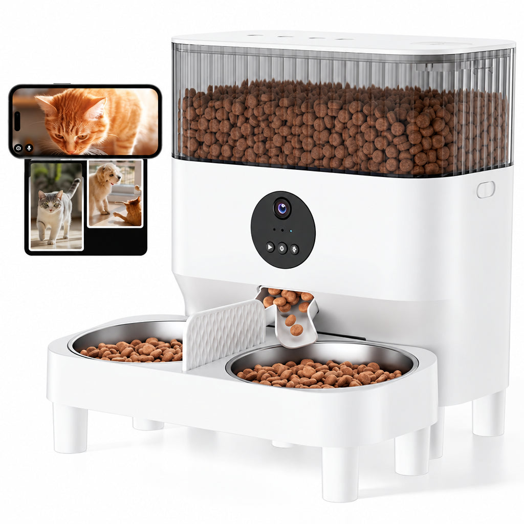 Comedero automático doble para 2 gatos con platos de acero inoxidable y app