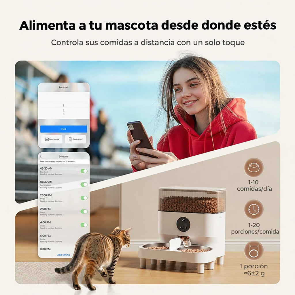 Programa de 1 a 10 comidas al día desde la app con el comedero automático doble para gatos