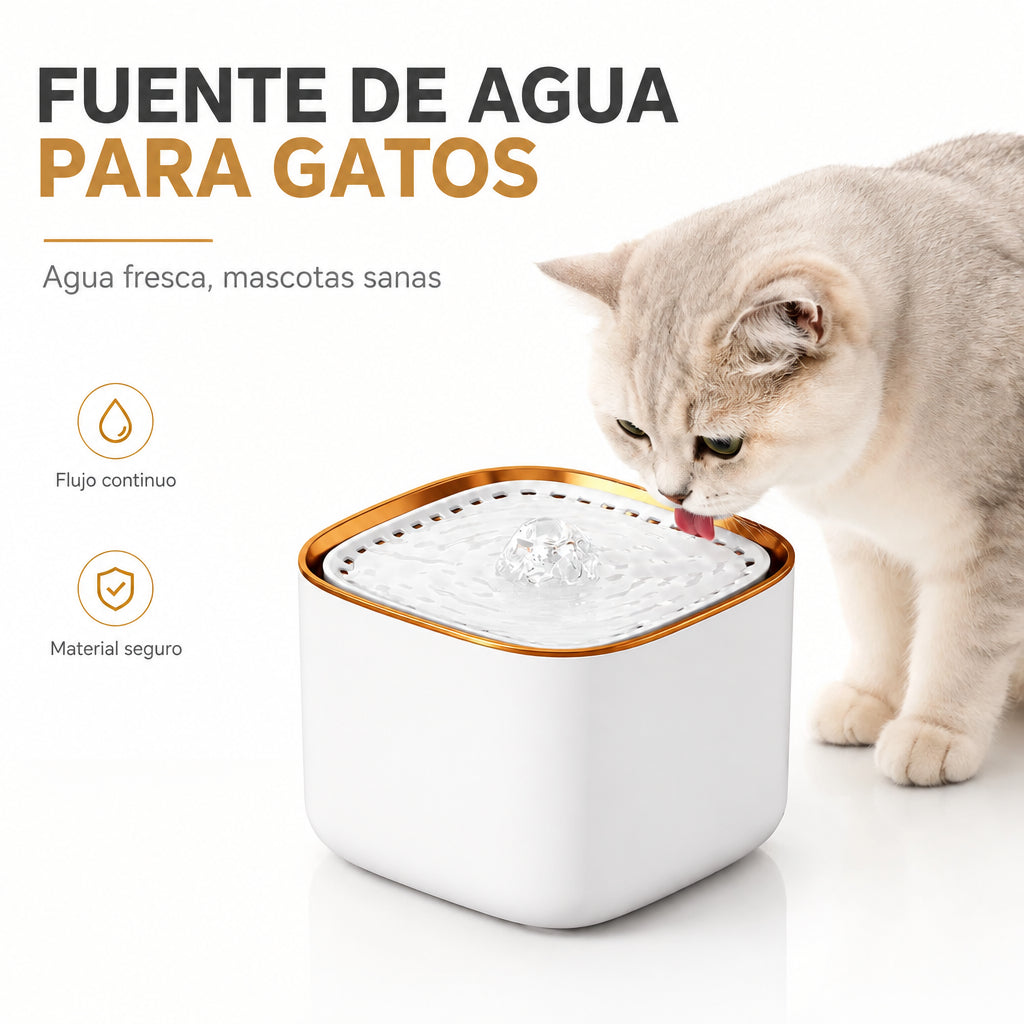 Fuente de agua para gatos de 3 L en blanco y dorado, silenciosa y con flujo continuo