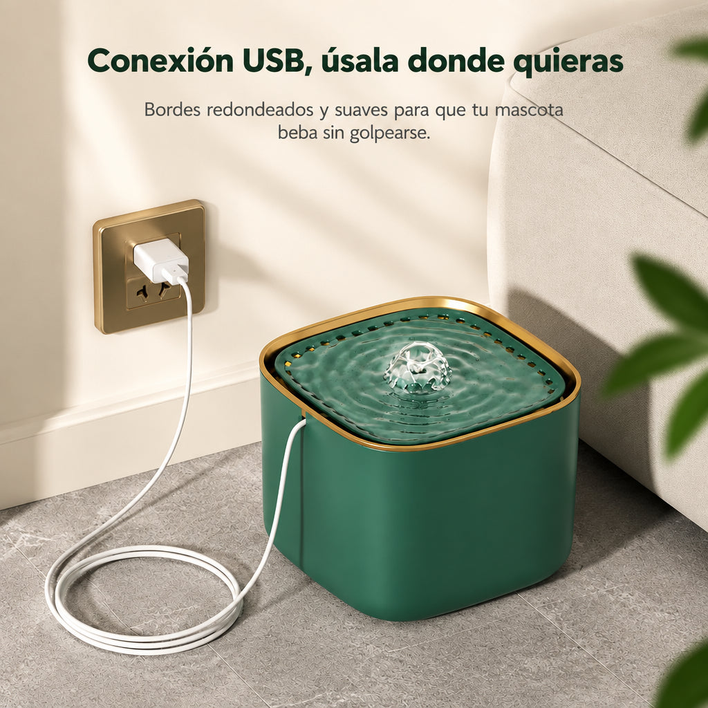 Fuente de agua para gatos 3 L con conexión USB y bordes redondeados, versión verde