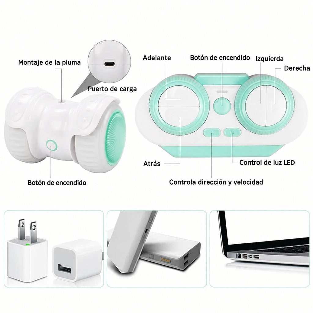 Partes del juguete para gatos y su control remoto: botones, puerto de carga USB y luz LED